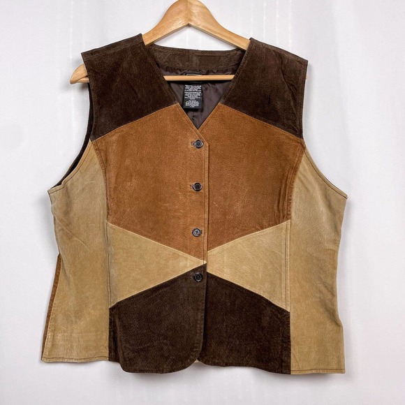 Outbrook Jackets & Blazers - Outbrook Vintage Patchwork Suede Colorblock Vest XL Spice Brown Camel Leather